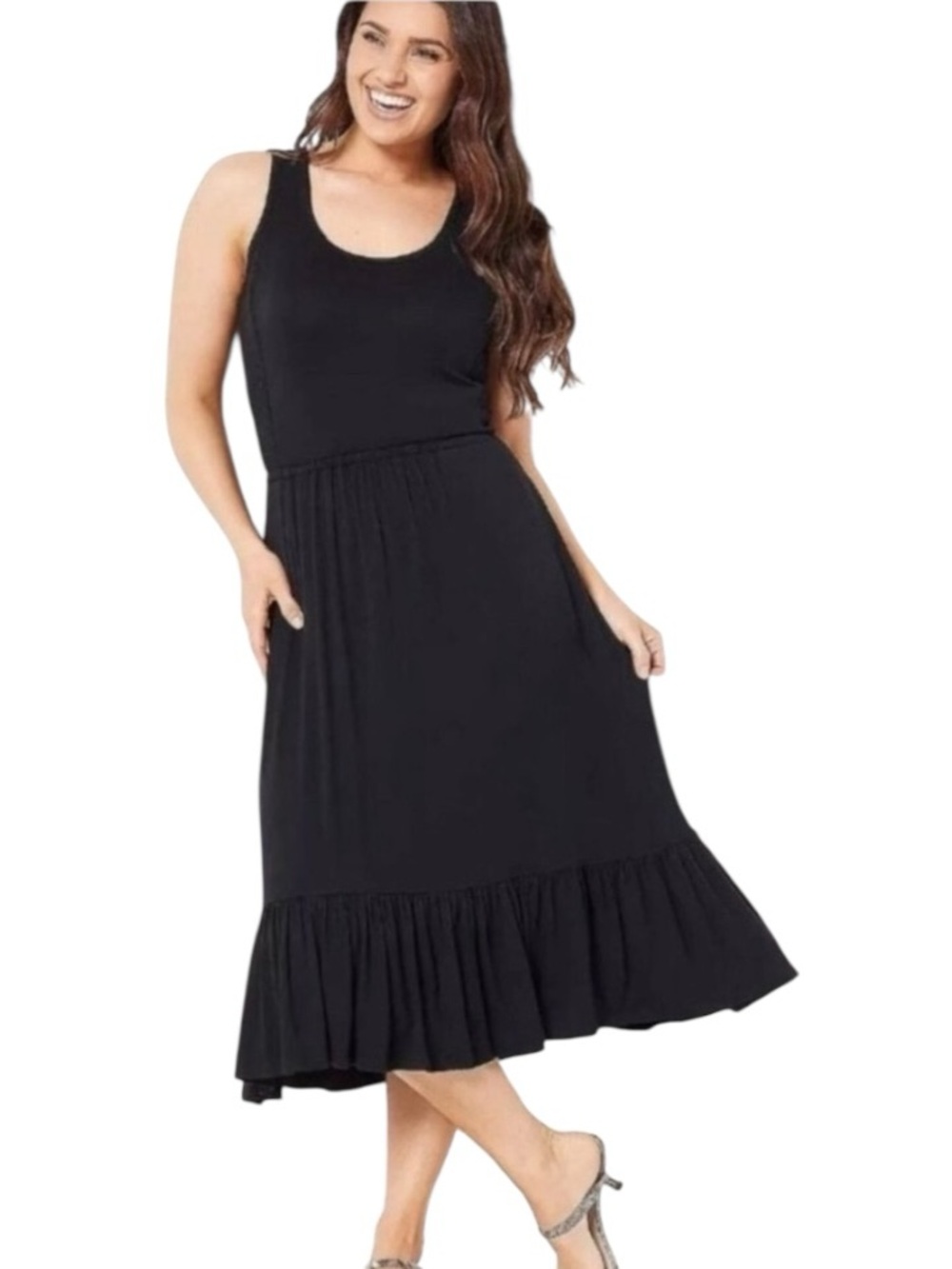 Jason Wu Black Sleeveless Tiered Midi Dress Pockets Rayon Blend LP Large Petite